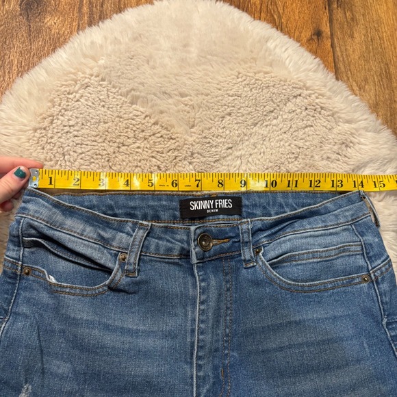 Skinny Fries Denim Jean Size 11 Flare Light Distressed Medium Blue Raw Hem - Picture 10 of 13